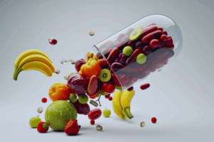 Pill-shaped container filled with healthy foods known to Improve Sperm Quality, highlighting the link between nutrition and male fertility