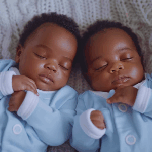 Adorable black twin babies resting side by side, representing a successful outcome of double embryo transfer (DET) in fertility treatment