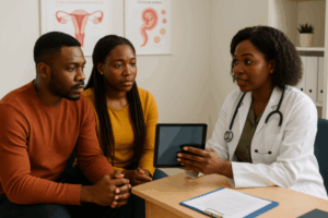 Nigerian couple consulting with a female doctor at a fertility clinic, discussing age and fertility concerns in a supportive medical setting.