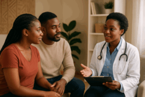 African couple discussing family planning options with a healthcare professional in a modern clinic setting