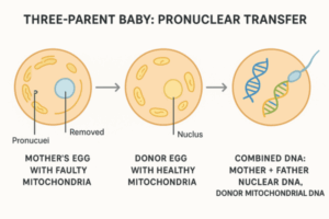 Infographic of Mitochondrial Replacement Therapy (MRT) via pronuclear transfer, combining parents’ nuclear DNA with donor mitochondrial DNA