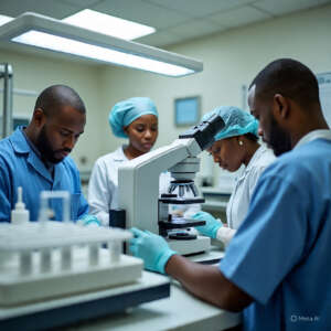 A team of Nigerian fertility doctors and lab technicians working diligently in a modern IVF laboratory with microscopes, test tubes, and embryo incubators—highlighting advanced fertility care when asking, "Which hospital in Nigeria is best for IVF?"