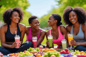 A group of Black women in gym attire enjoying smoothies, fruits, and salads in a park, promoting healthy lifestyle choices that support hormonal balance.
