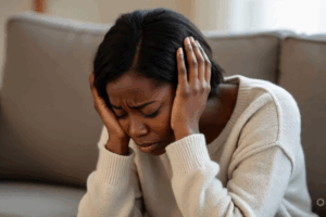 A worried woman sitting with her head in her hands, symbolizing the emotional struggle of stress and infertility.