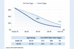 Chart comparing IVF success rate by age for live birth outcomes using own eggs versus donor eggs in 2025