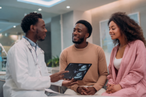 Nigerian fertility doctor explaining IVF procedures and treatments to a couple using a digital tablet showing embryo images in a modern clinic.