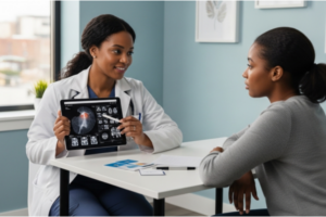 Oocyte Donation Donor Screening Process showing a Black female doctor discussing donor screening results with a young Black woman in a modern fertility clinic during a consultation.