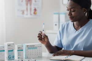 Dark-skinned African woman reviewing an IVF induction medication schedule while preparing fertility injections during an IVF induction protocol consultation in 2026.
