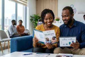 A dark-skinned Black couple sitting in a modern fertility clinic lobby, reviewing an informational brochure titled "IUI or IVF?" and looking at a tablet showing cost and success rate charts.
