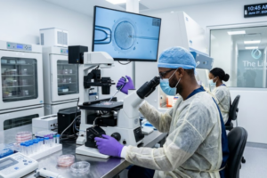 A dark-skinned embryologist in a high-tech lab using a microscope and pipette to perform the IVF process, with a digital monitor in the background displaying an egg fertilization.