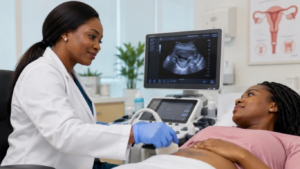 Dark-skinned Nigerian female fertility specialist performing an ultrasound examination on a woman at a female fertility clinic in Nigeria.