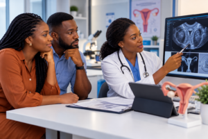 Fertility specialist explaining advanced diagnostic tests for unexplained infertility to a Nigerian couple during a consultation at a modern fertility clinic