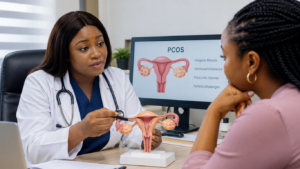Nigerian fertility specialist discussing PCOS fertility treatment in Lagos with a female patient during a consultation.