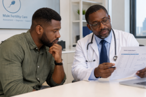 Semen analysis testing Lagos with a Nigerian fertility specialist explaining sperm test results to a male patient.